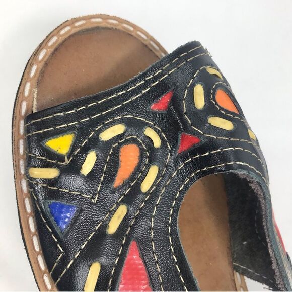 Maria Bonita Black Leather Colorful Stitch Inlay Slingback Open Toe Flat Sandals - Picture 13 of 16